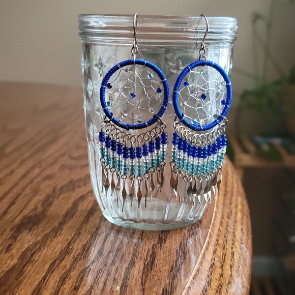 Handmade Blue Beaded Dream Catcher Dangle Earrings, Boho Chic Jewelry - Picture 2 of 4